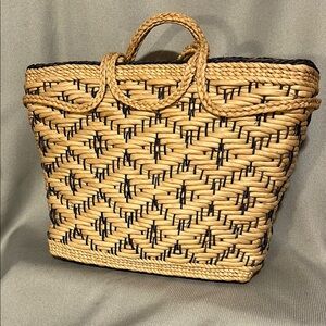 Woven Straw Tote Bag with Black Accent - Natural